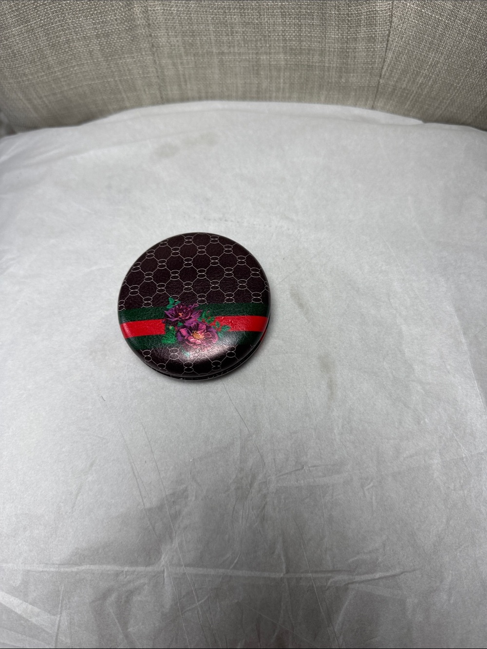 Fashion Compact Mirror round with Floral Accent - Brown/Green/Red